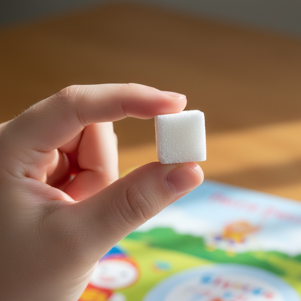Eine Hand hält einen weißen Zuckerwürfel zwischen Daumen und Zeigefinger.